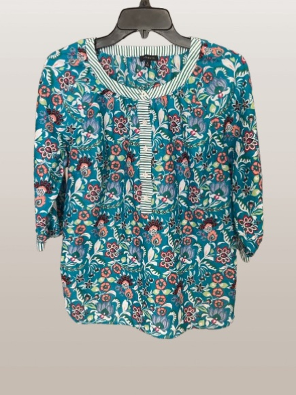 Talbots Teal Floral 3/4 Sleeve Button Tunic Top M